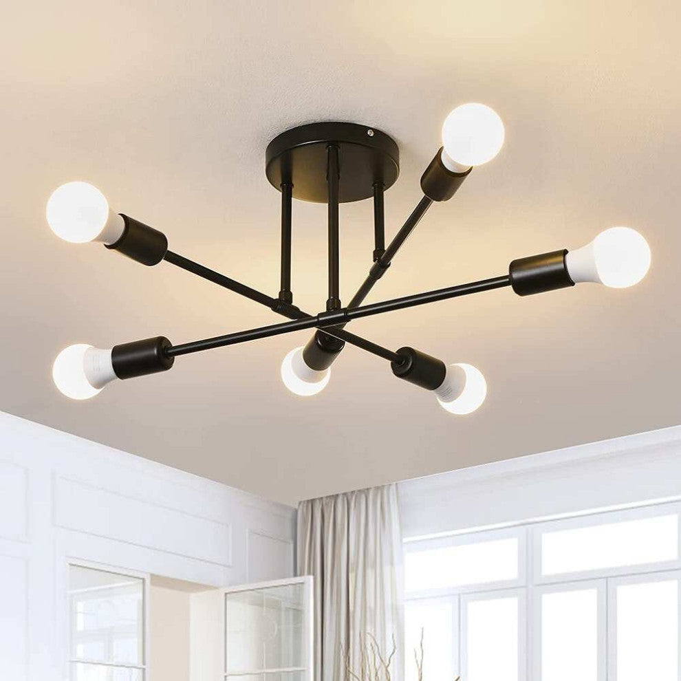 Farmhouse Semi Flush Mount Ceiling Light Fixture, 6 Light, Black Ceiling Lamp