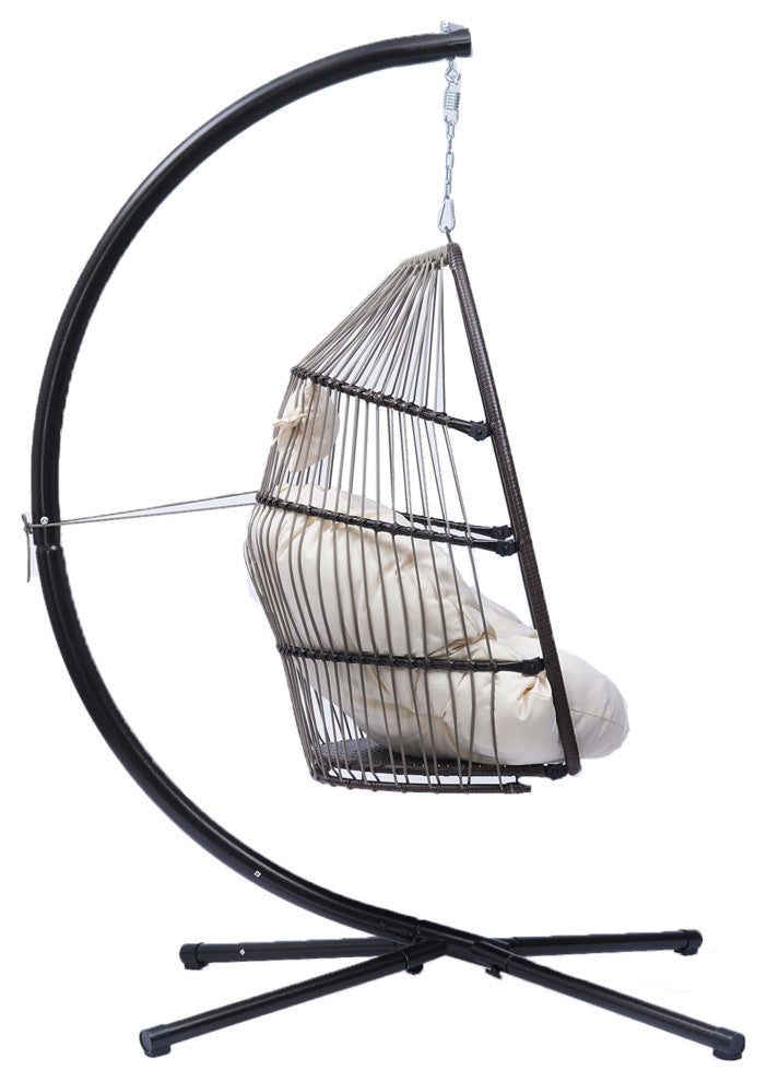 Outdoor Patio Wicker Folding Swing Chair Hanging With Bracket and Cushion Pillow