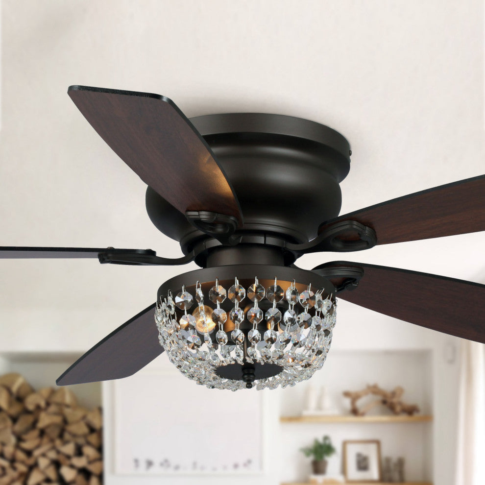 48 in. New Bronze Flush Mount Crystal Ceiling Fan with Light Kit and Remote