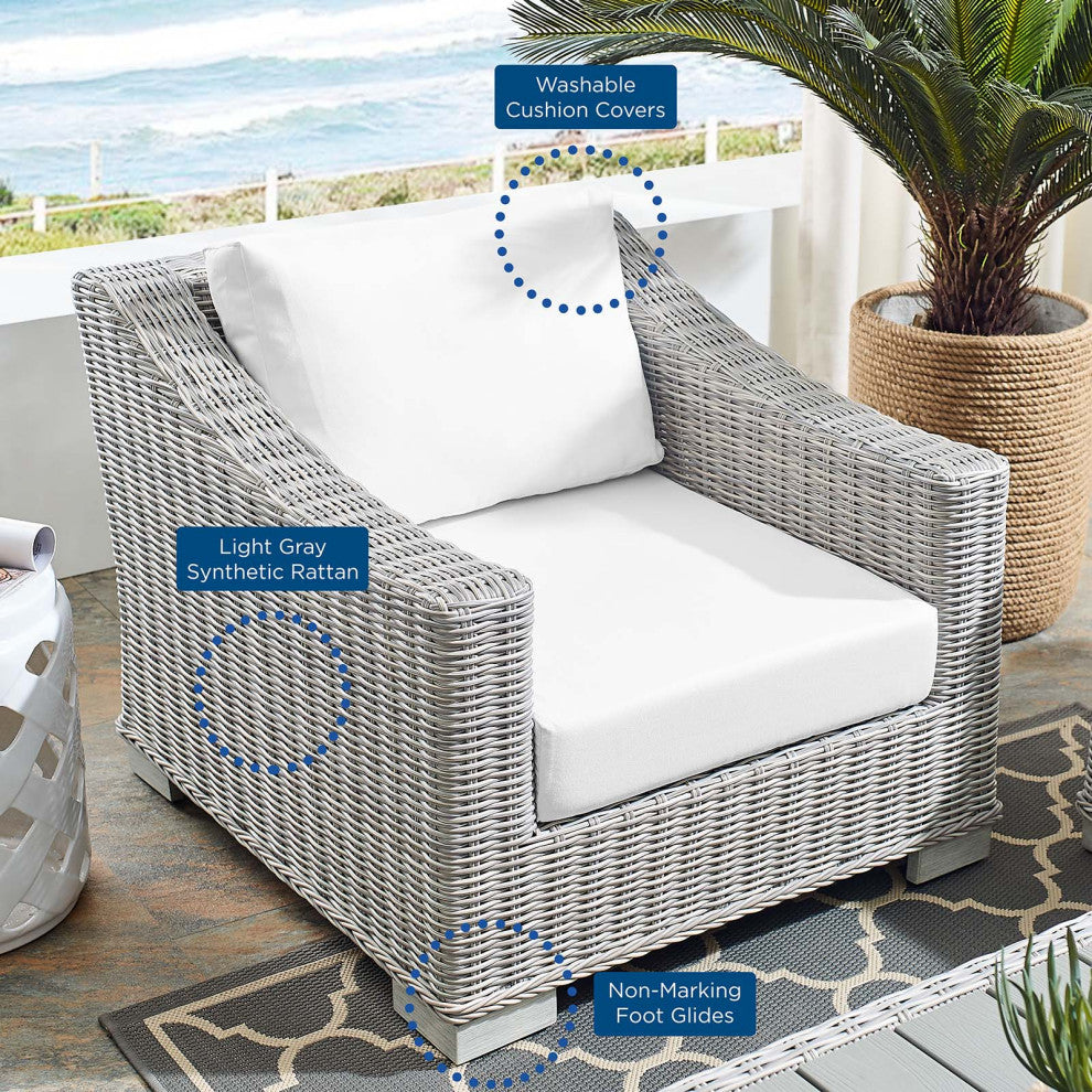 Lounge Chair Armchair, Sunbrella, Rattan, Wicker, Gray White, Outdoor