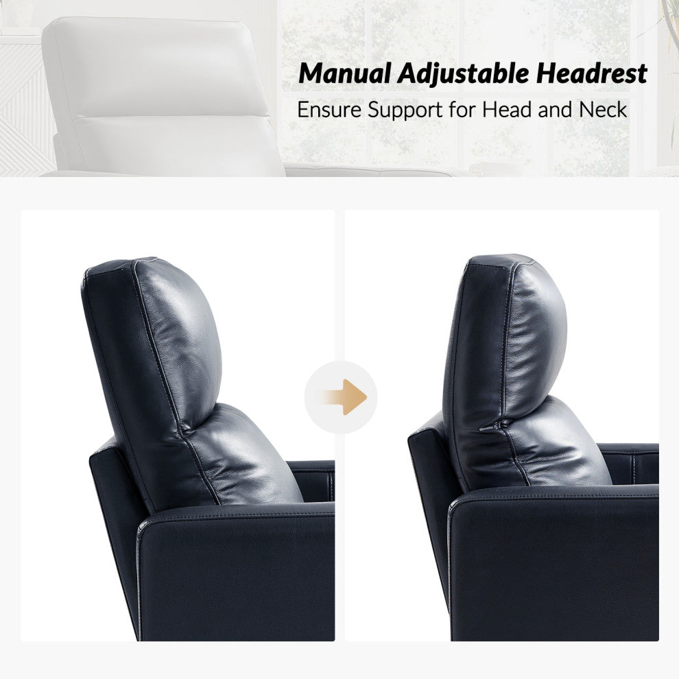 Genuine Leather Swivel Rocker Recliner With Adjustable Headrest, Navy