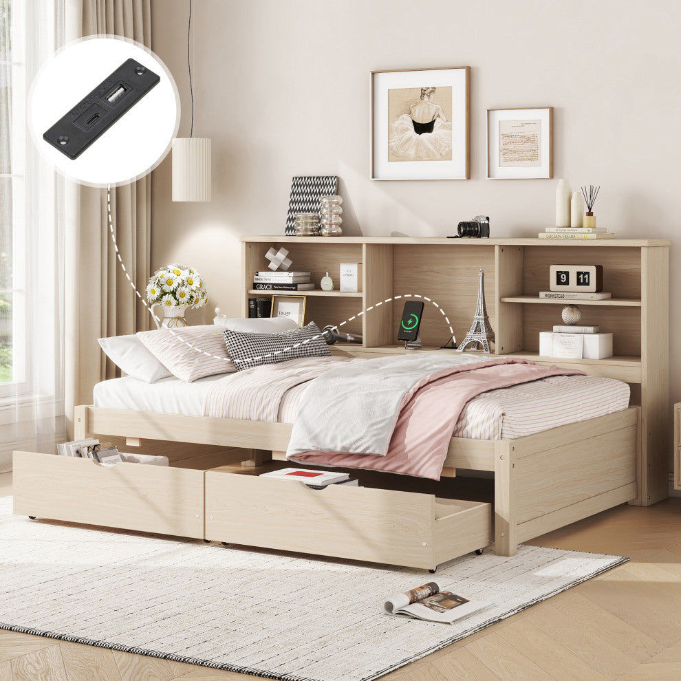 Gewnee Twin Size Bed Frame With Side Bookshelves