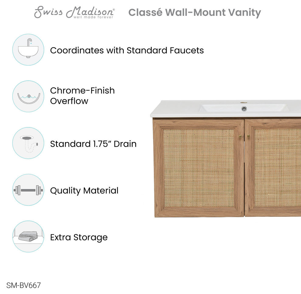 Classe 36" Wall-Mounted Bathroom Vanity, Oak