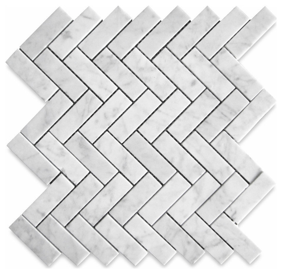 Herringbone Mosaic White Carrara Venato Carrera Marble Tile Honed 1x3, 1 sheet