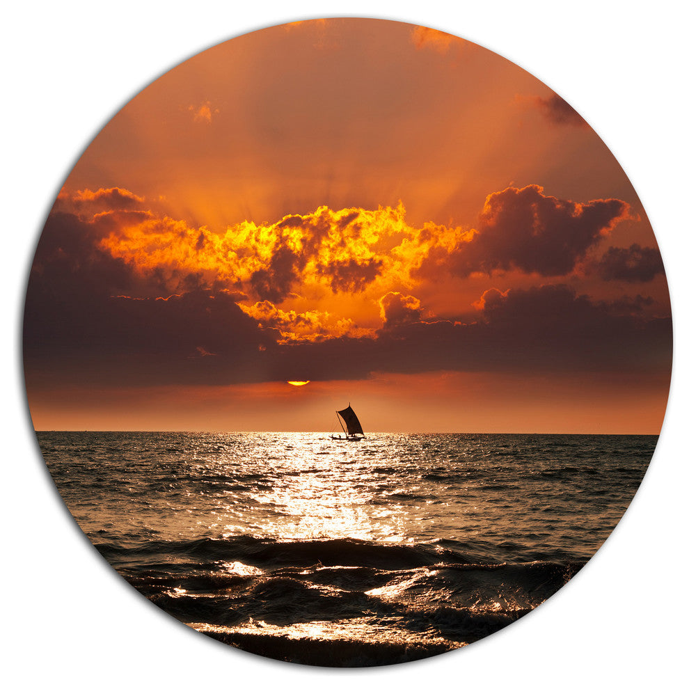 Sunset Beach With Distant Sail Boat, Seashore Round Metal Wall Art, 11"