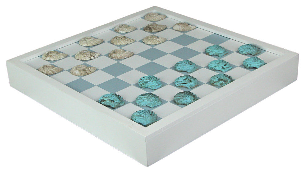 Coastal Themed Seashell Checkers Set With Game Board 13 Inches