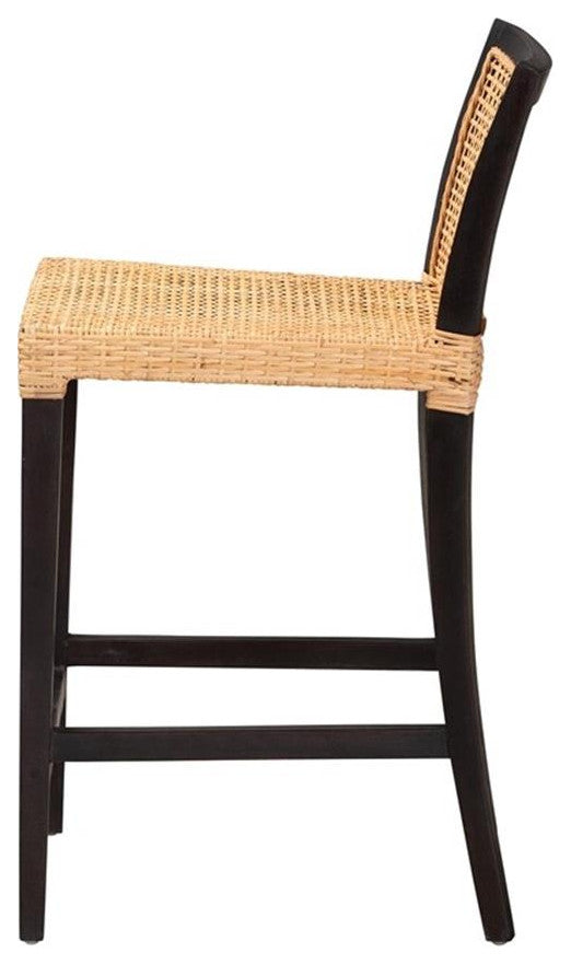 Baxton Studio Lingga Dark Brown Mahogany Wood and Natural Rattan Counter Stool
