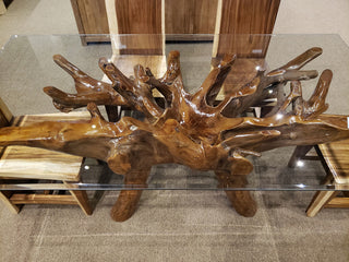 Teak Wood Root Dining Table With Glass Top, 71x40"