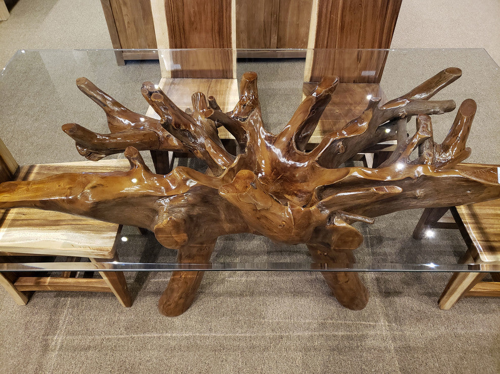 Teak Wood Root Dining Table With Glass Top, 71x40"