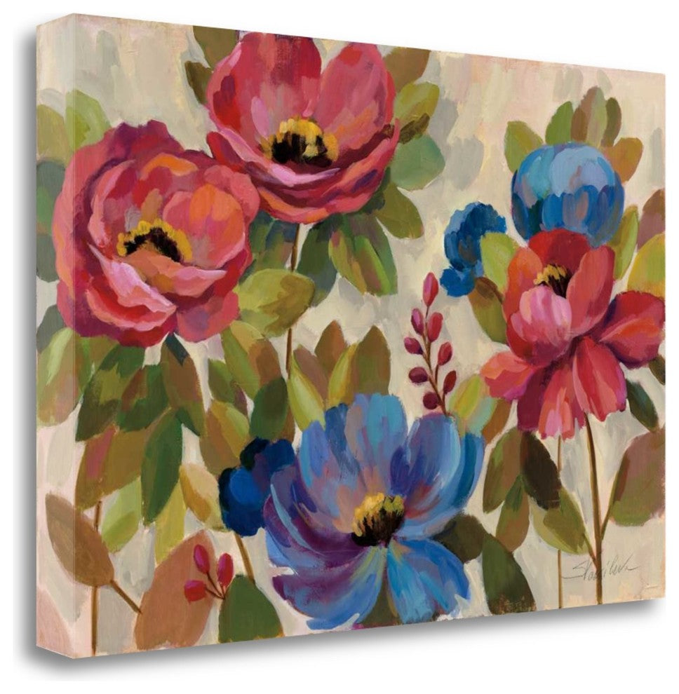 "Coral And Blue Flowers" By Silvia Vassileva, Giclee on Gallery Wrap Canvas