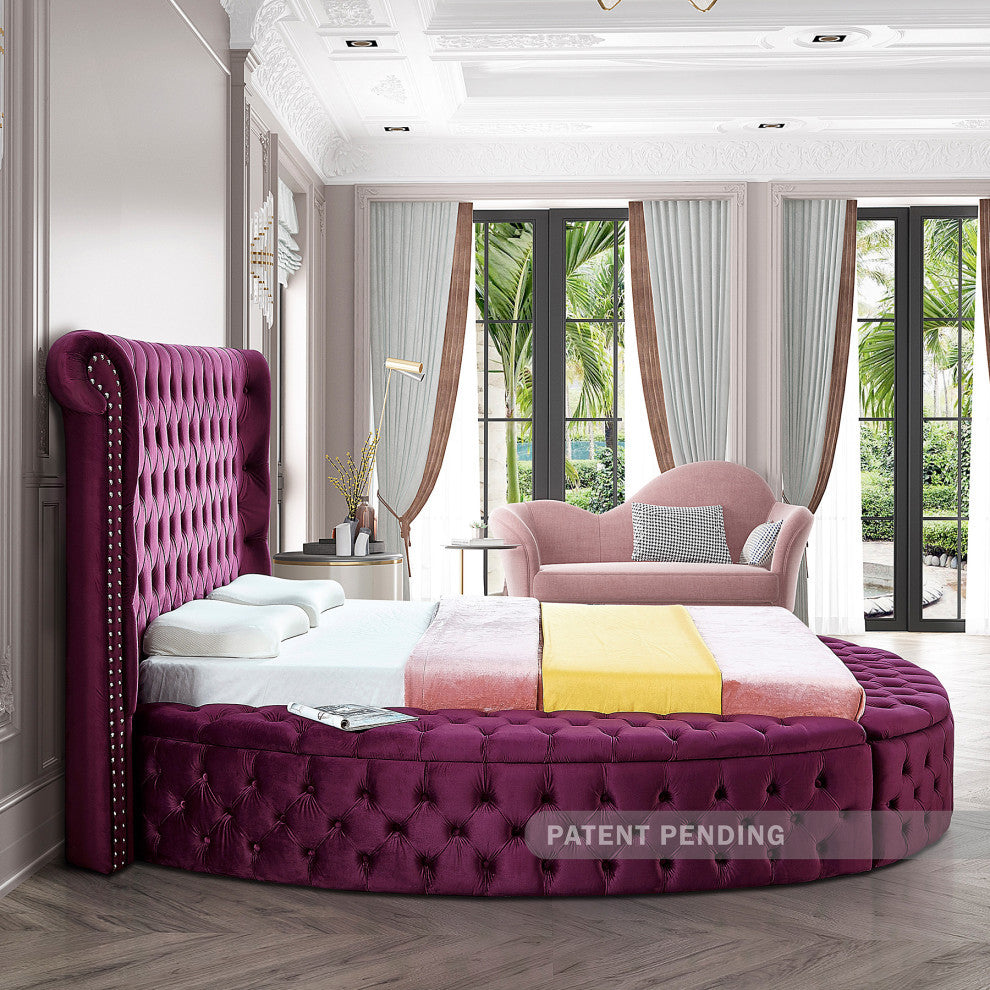Luxus Button Tufted Velvet Round Bed, Purple, King