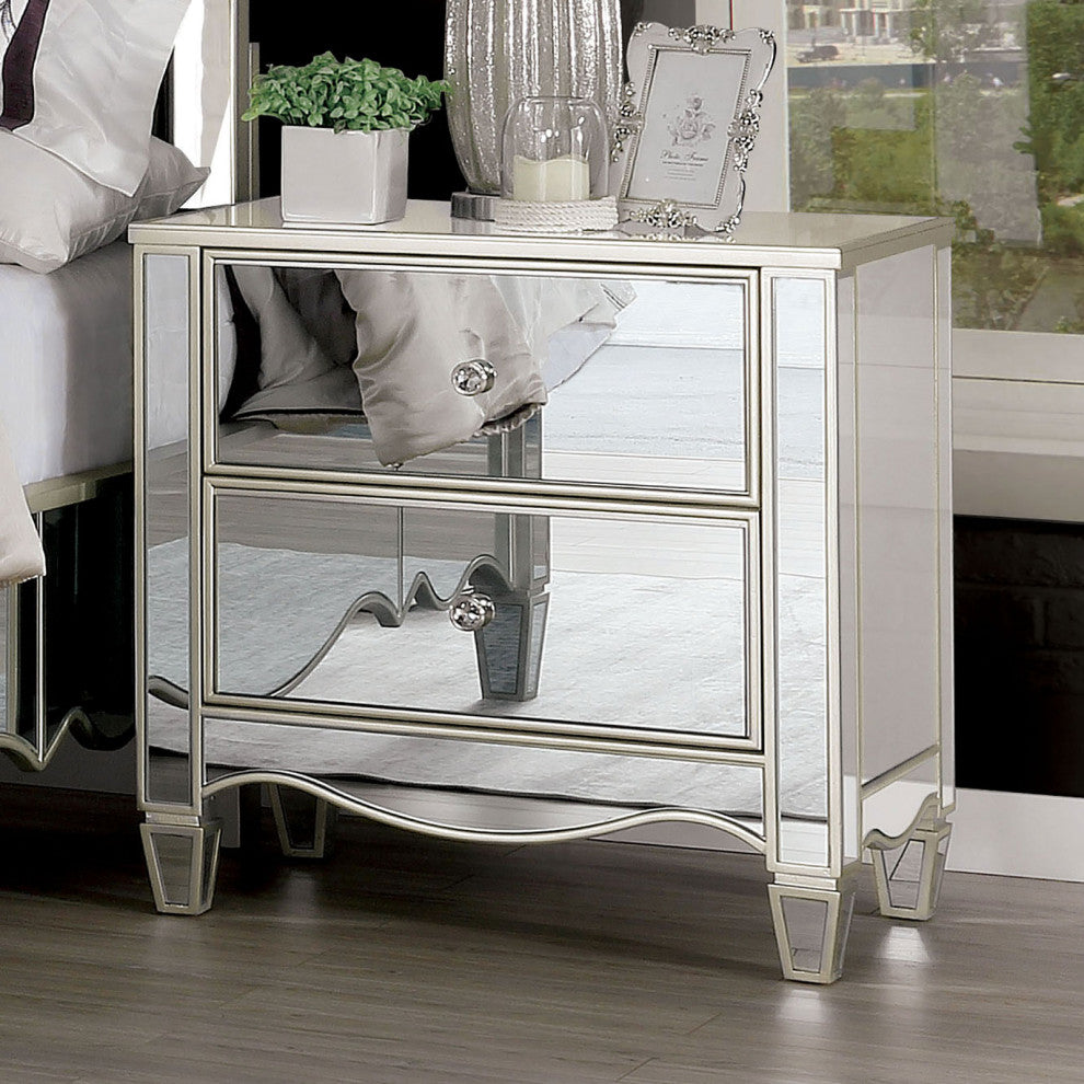 2 Drawers Night Stand with Mirror Panels Design, Silver