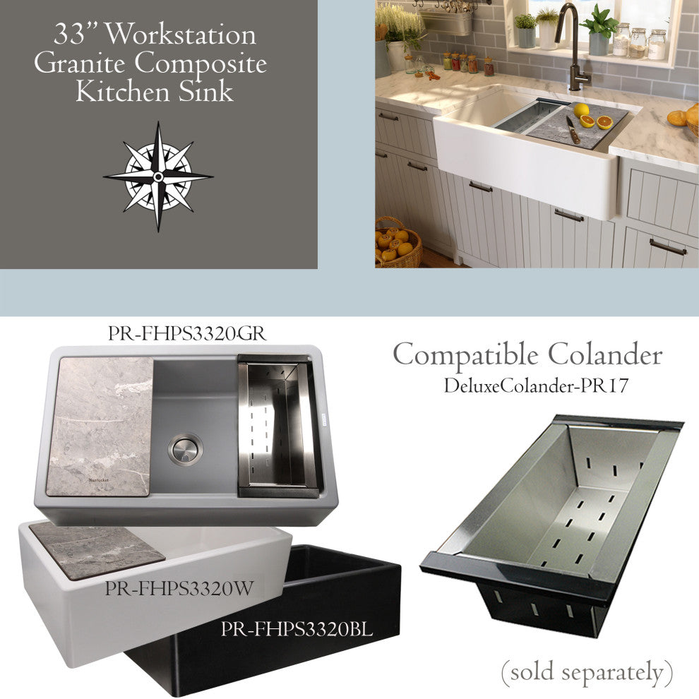 Nantucket Sinks 33" Workstation Granite Composite Apron Sink, Black