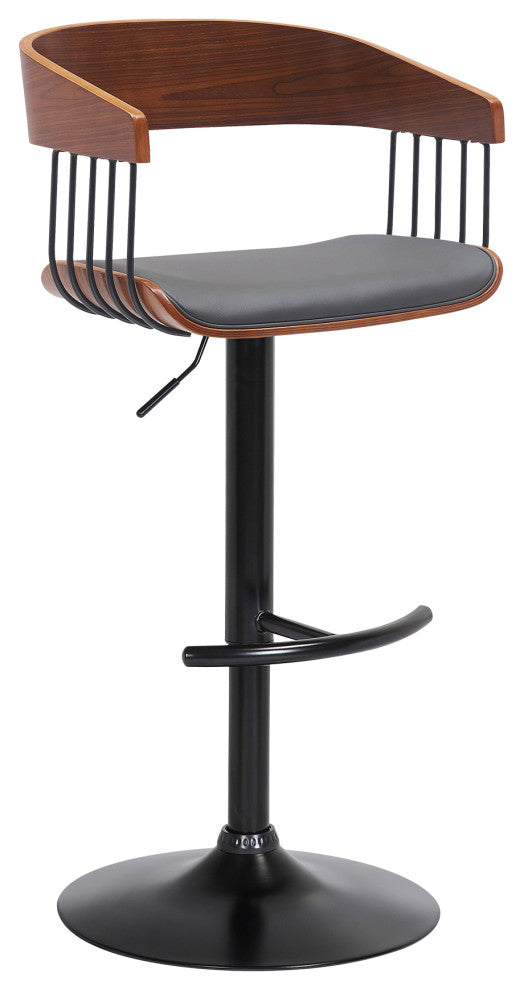 Larisa Adjustable Walnut Wood Bar Stool, Gray Faux Leather With Black Metal
