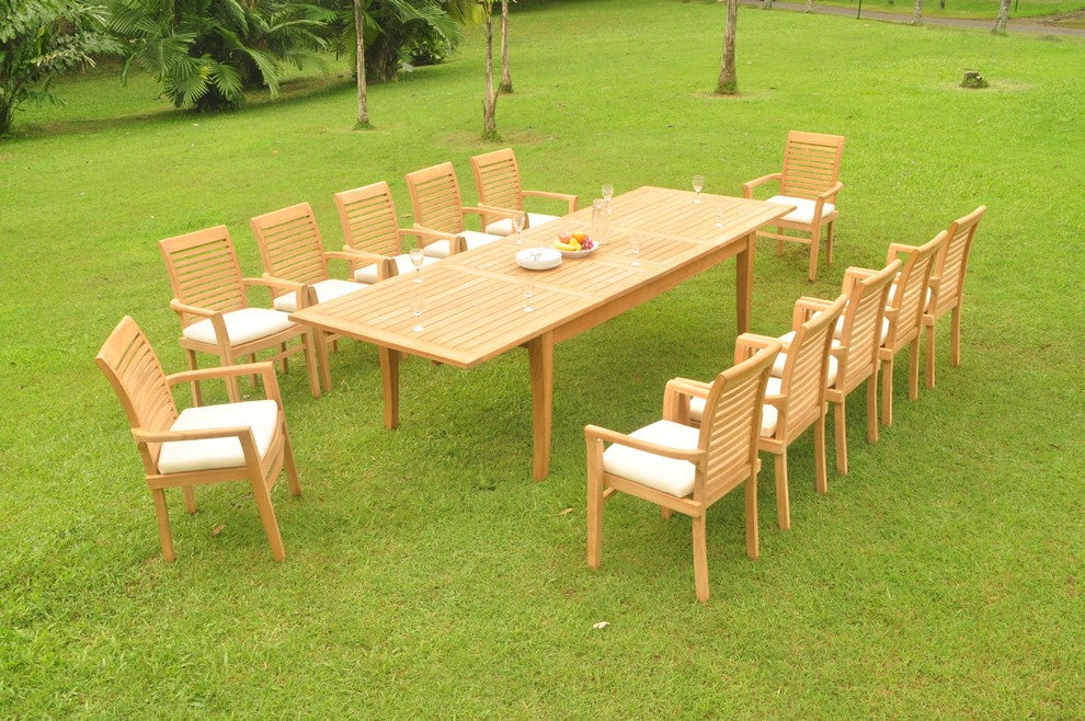 13-Piece Teak Dining Set 122" XL Rectangle Table, 12 Mas Stacking Arm Chairs