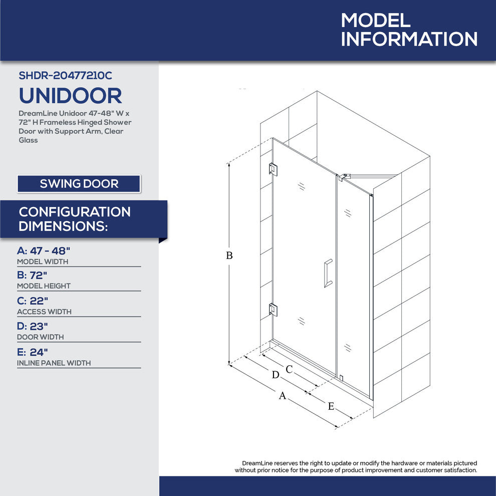 Dreamline Unidoor Min 47" To Max 48" Frameless Hinged Shower Door