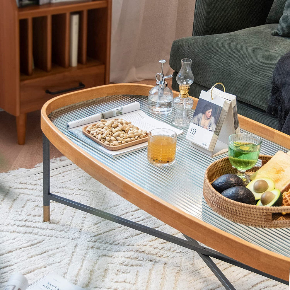 Tempered Architectural Glass Top Coffee Table, Rubberwood Tray and Metal Frame