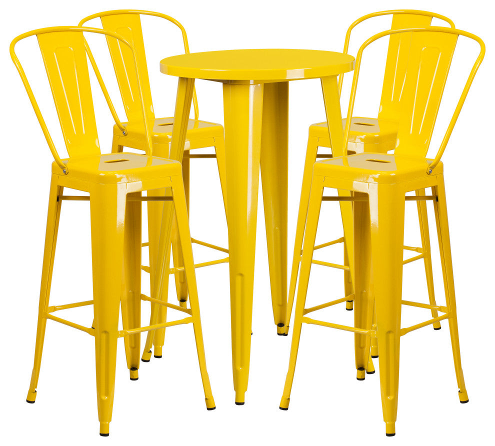 24" Round Yellow Metal Indoor-Outdoor Bar Table Set with 4 Cafe Stools
