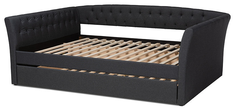 Delora Dark Grey Fabric Upholstered Full Size Daybed With Roll-Out Trundle Bed