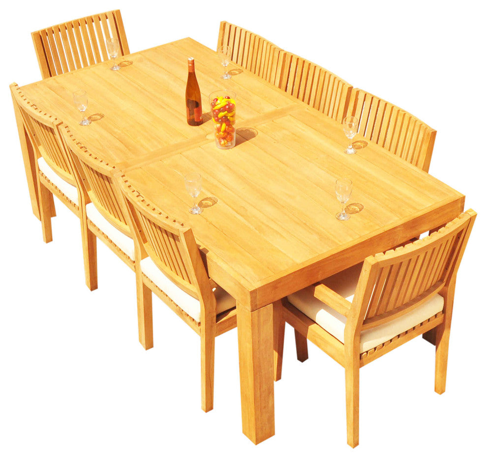 9-Piece Outdoor Teak Patio Dining Set: 86" Rectangle Table, 8 Maldives Arm Chair