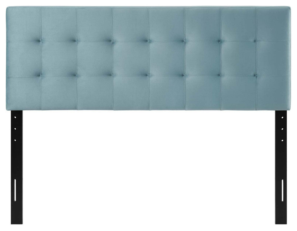 Contemporary Modern King Size Tufted Headboard, Velvet Fabric, Light Blue