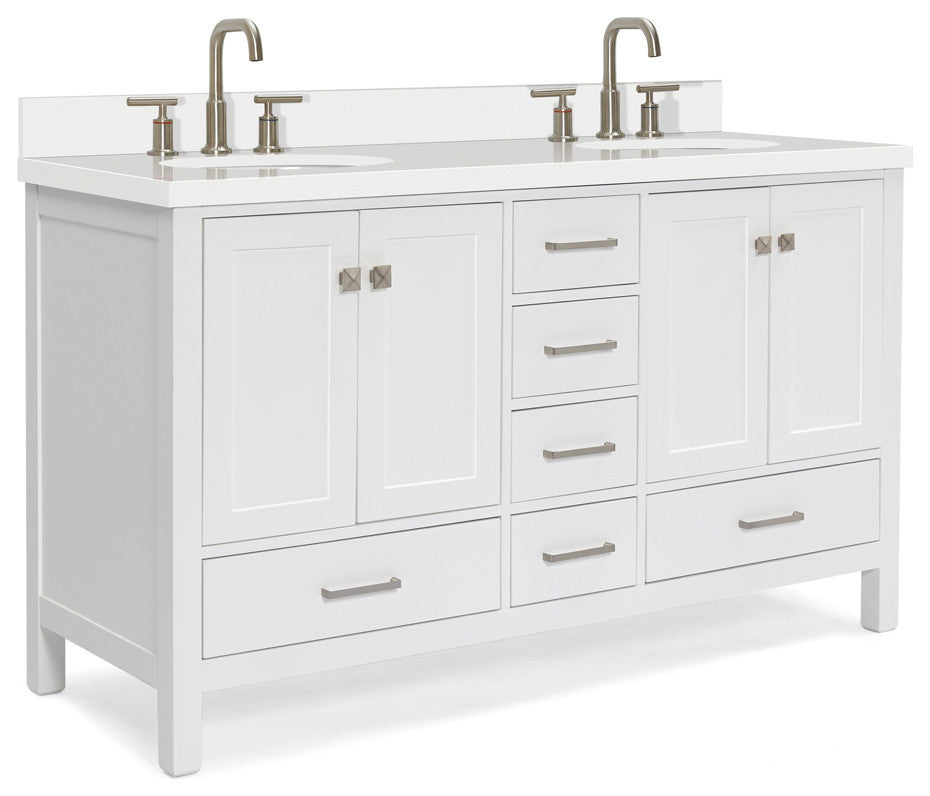 ARIEL Cambridge 61" Double Oval Sink Bathroom Vanity White With Quartz Top