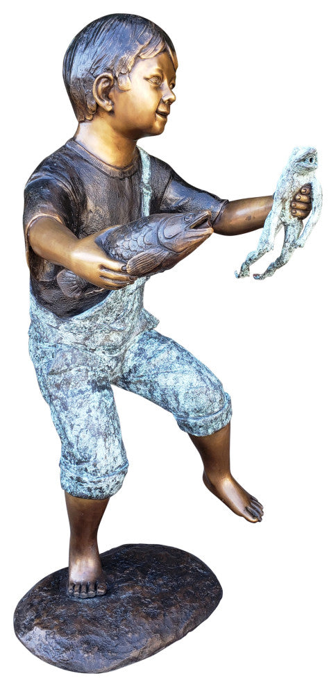 Playful Young Boy with Fish and Frog Bronze Statue Fountain  19" x 16" x 32"H