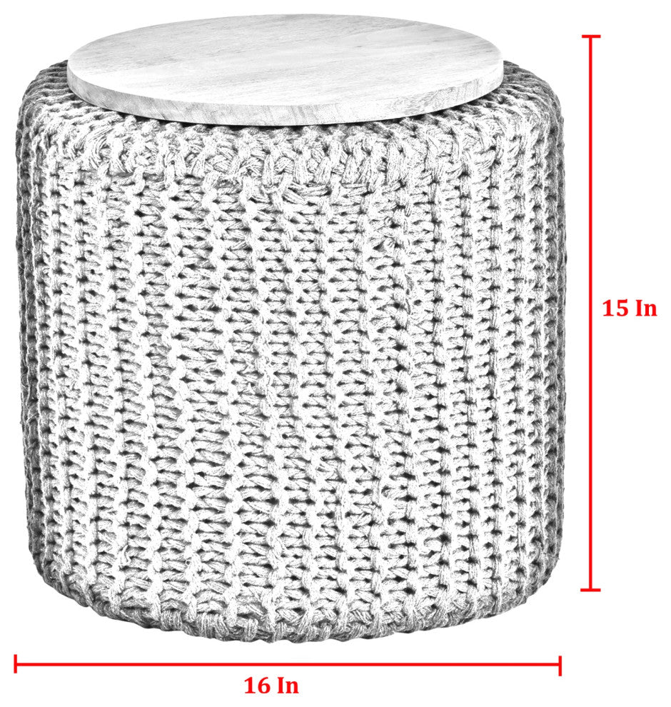 Loft Lyfe Marbella Ottoman, Hand Knitted, Wooden Tray, Cotton Yarn, Light Gray