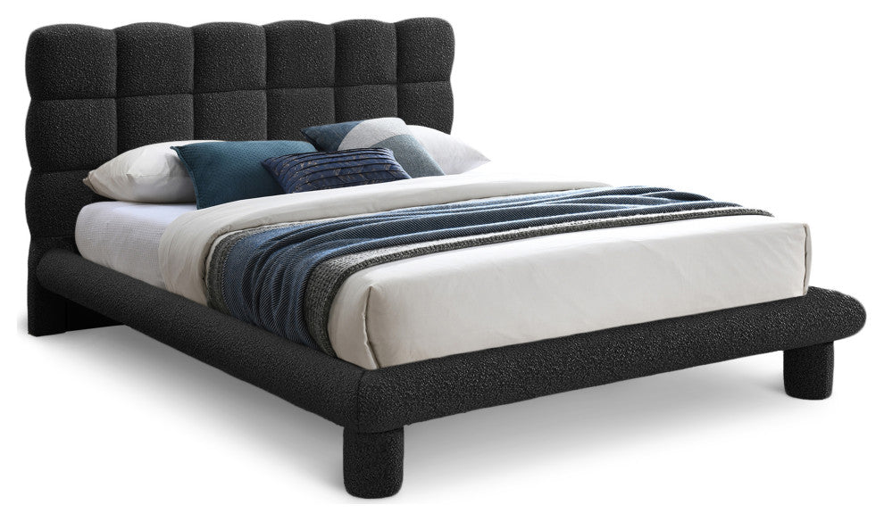 Deco Boucle Fabric Upholstered Full Bed, Black, King