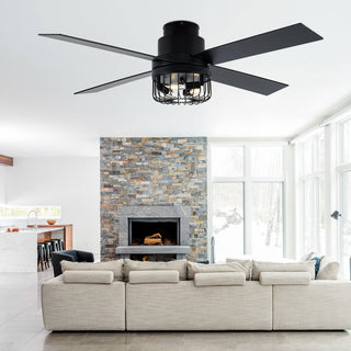 52 " Modern Flush Mount Ceiling Fan 6-speed with Light Kit and Remote Control, Black, 52"