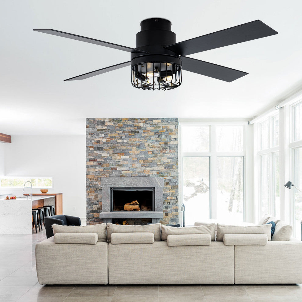52 " Modern Flush Mount Ceiling Fan 6-speed with Light Kit and Remote Control, Black, 52"