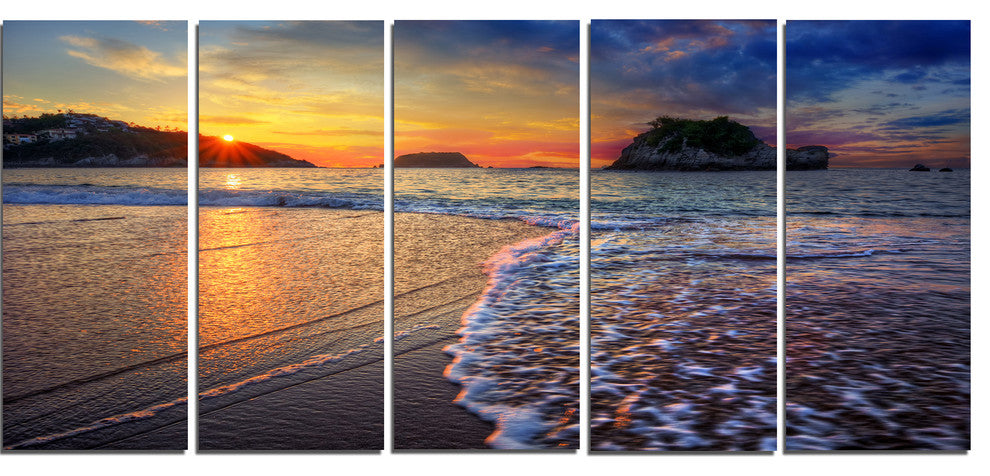 Sandy Beach with Rush Waves, Seashore Canvas Art Print, 60"x28", 5 Panels