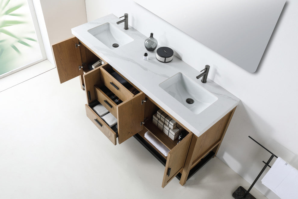 WINCHESTER Freestanding Modern Bathroom Vanity, Pecan Oak, 72", White Countertop