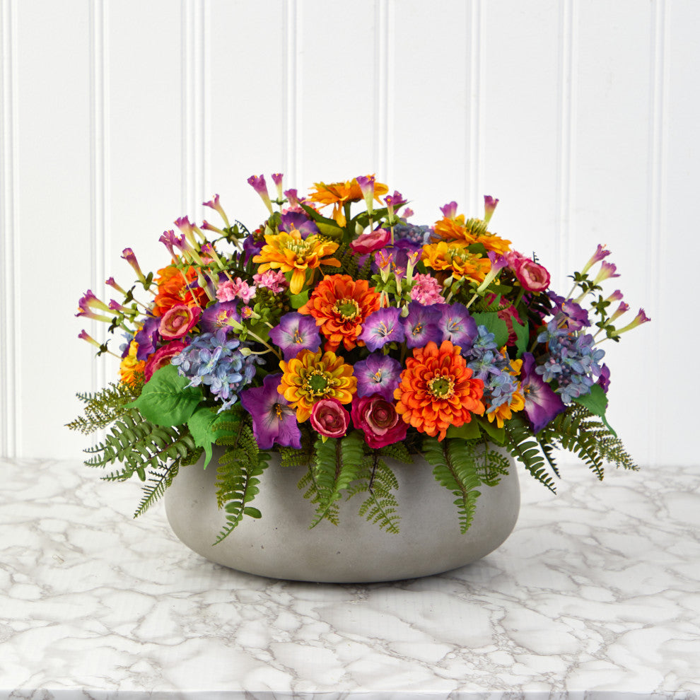 18" Mixed Floral Artificial Plant, Gray Garden Planter