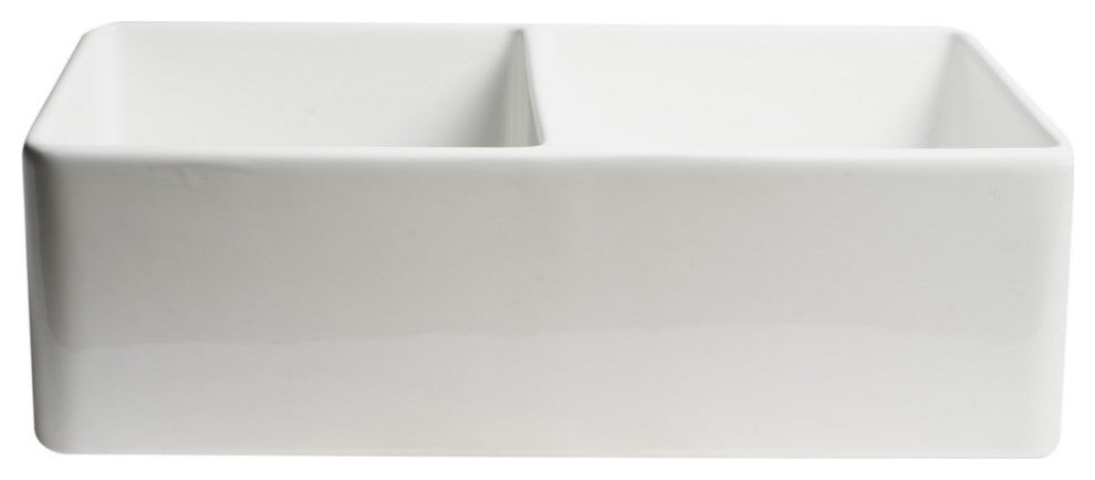 Smooth Apron Fireclay Farm Sink, White, 33"x18", Double Bowl