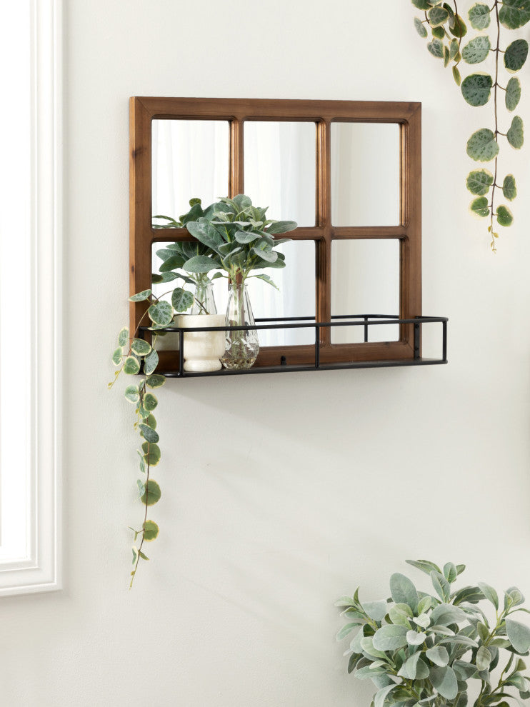 Jackson Wood Windowpane Mirror With Metal Shelf, Brown/Black, 24"x18"