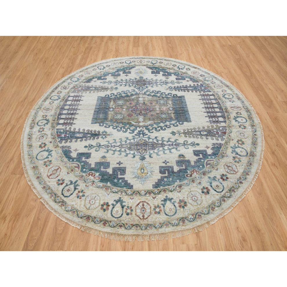 Ivory Wool Hand Knotted Reimagined Persian Viss Round Oriental Rug, 9'9"x9'9"