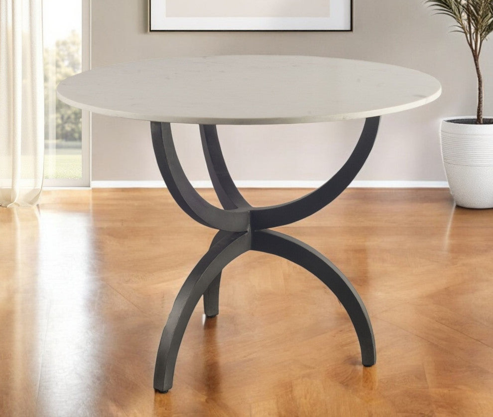 40" Off White And Black Rounded Marble/Metal 3-Leg Base Dining Table