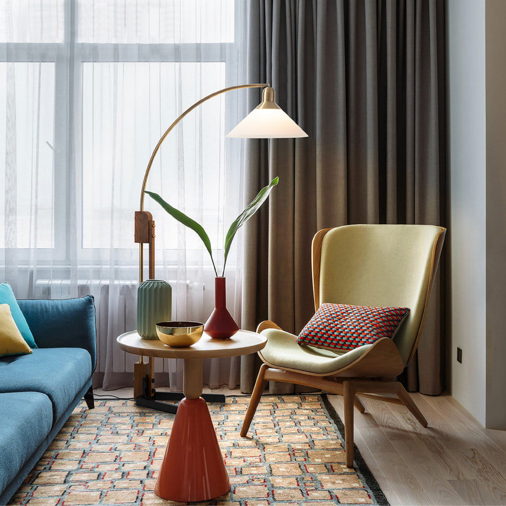 Melmar Chairside Arc Floor Lamp -Weather Brass and Walnut, Dimmer Switch, V-Base