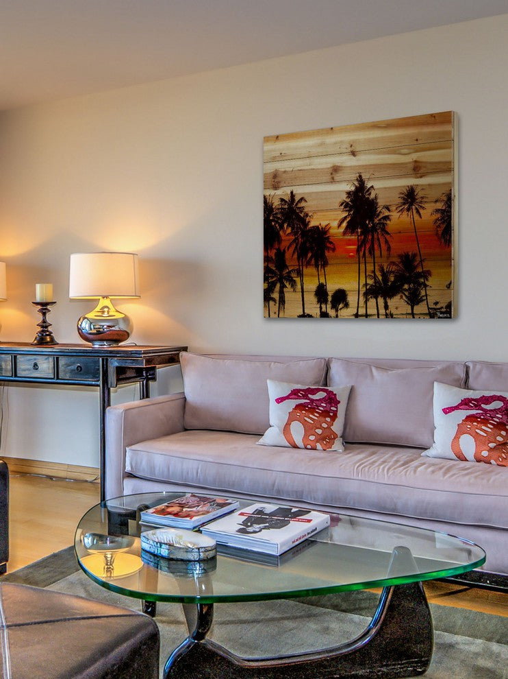 "Sunset Palms" Print on Natural Pine Wood, 24"x24"