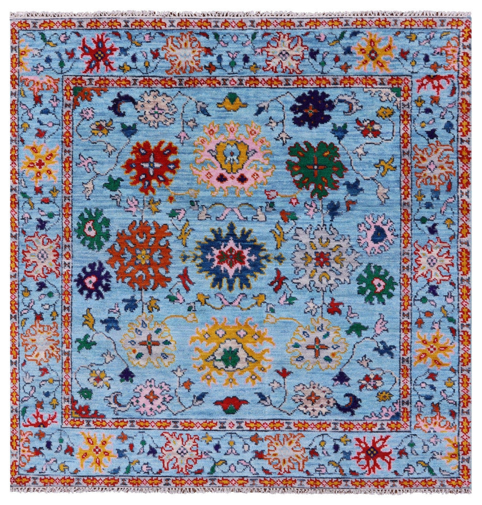 6' Square Hand-Knotted Turkish Oushak Wool Rug - Q13332