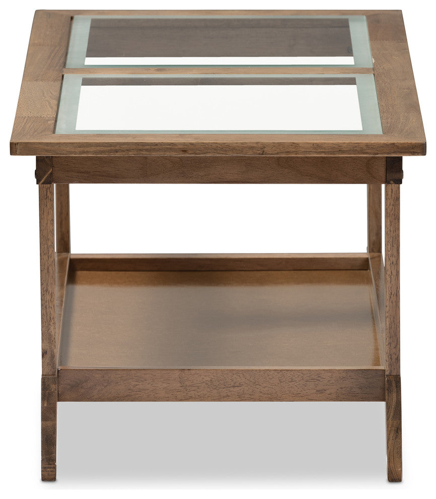 Cayla Mid-Century Walnut Brown Wood Living Room Glass-Top Coffee Table