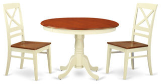 3 Pc Set, Round Small Table, 2 Leather Kitchen Chairs In Buttermilk, Cherry .