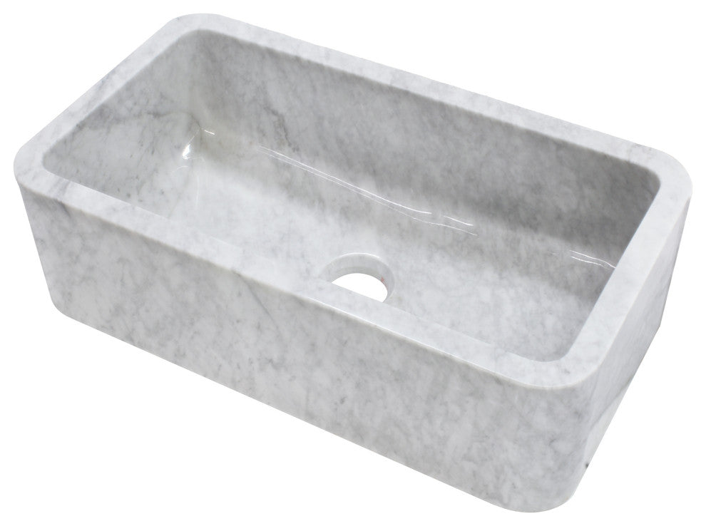 Single Bowl Kitchen Sink, Carrara White Marble With Polished Apron