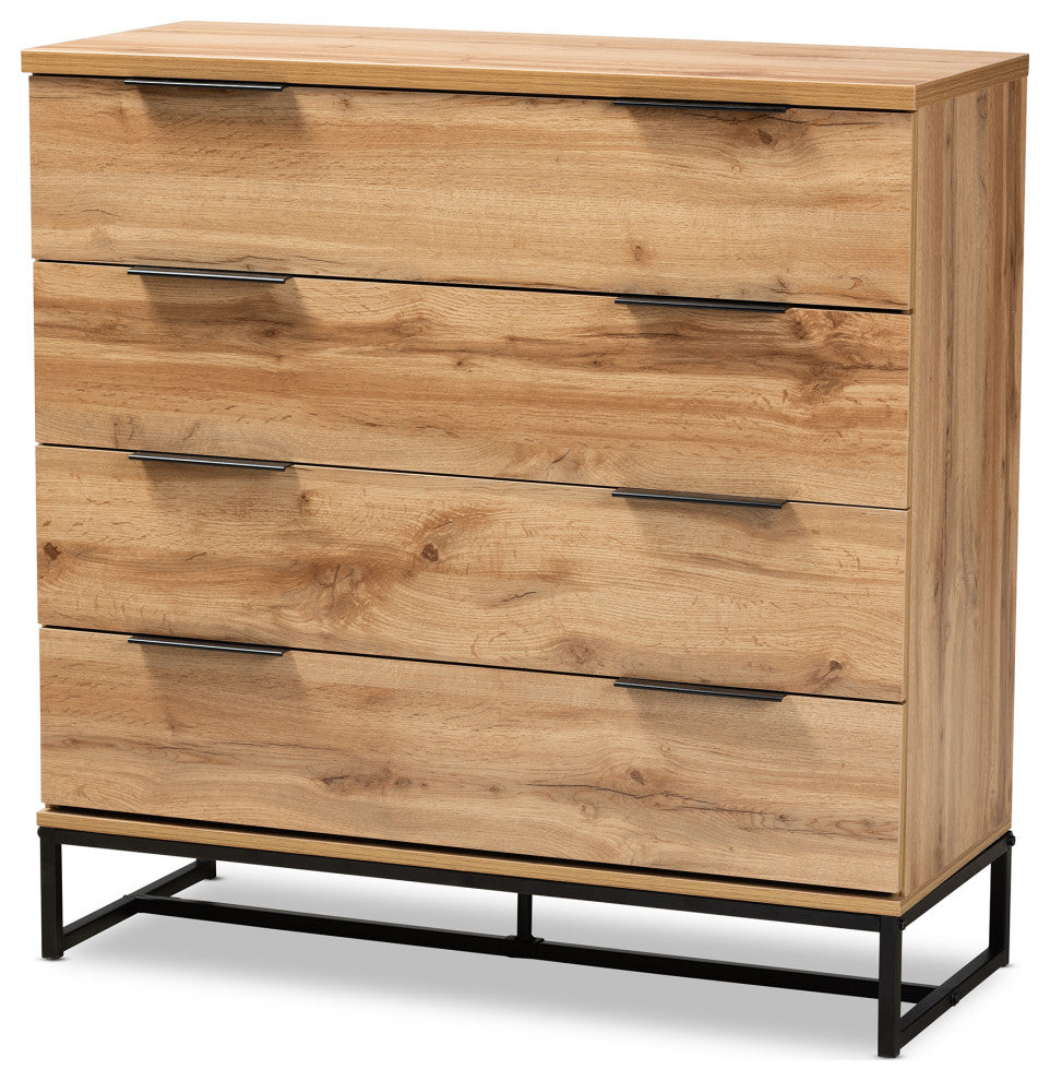 Wharton Industrial Oak Wood and Black Metal 4-Drawer Dresser