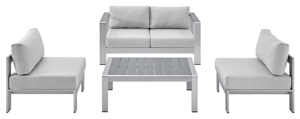 Sectional Sofa Chair Table Set, Sunbrella, Aluminum, Silver Gray, Outdoor