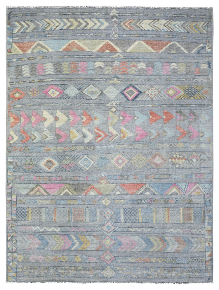 Gray Hand Knotted Inspired With Small Triangular Design Runner Rug, 9'1"x11'8"