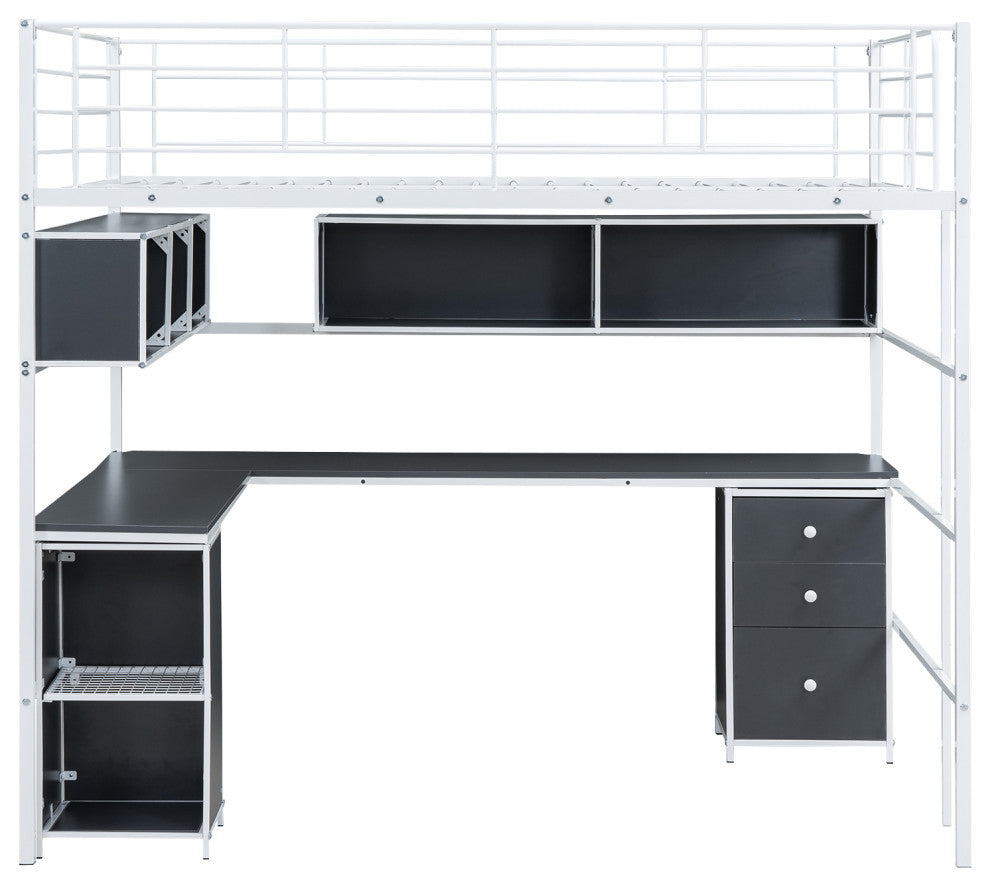 Gewnee Metal Loft Bed with bookcase, desk and cabinet, Full, White