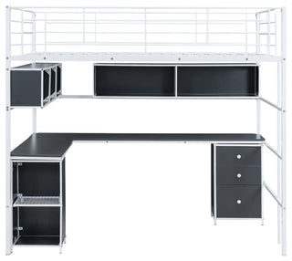 Gewnee Metal Loft Bed with bookcase, desk and cabinet, Full, White