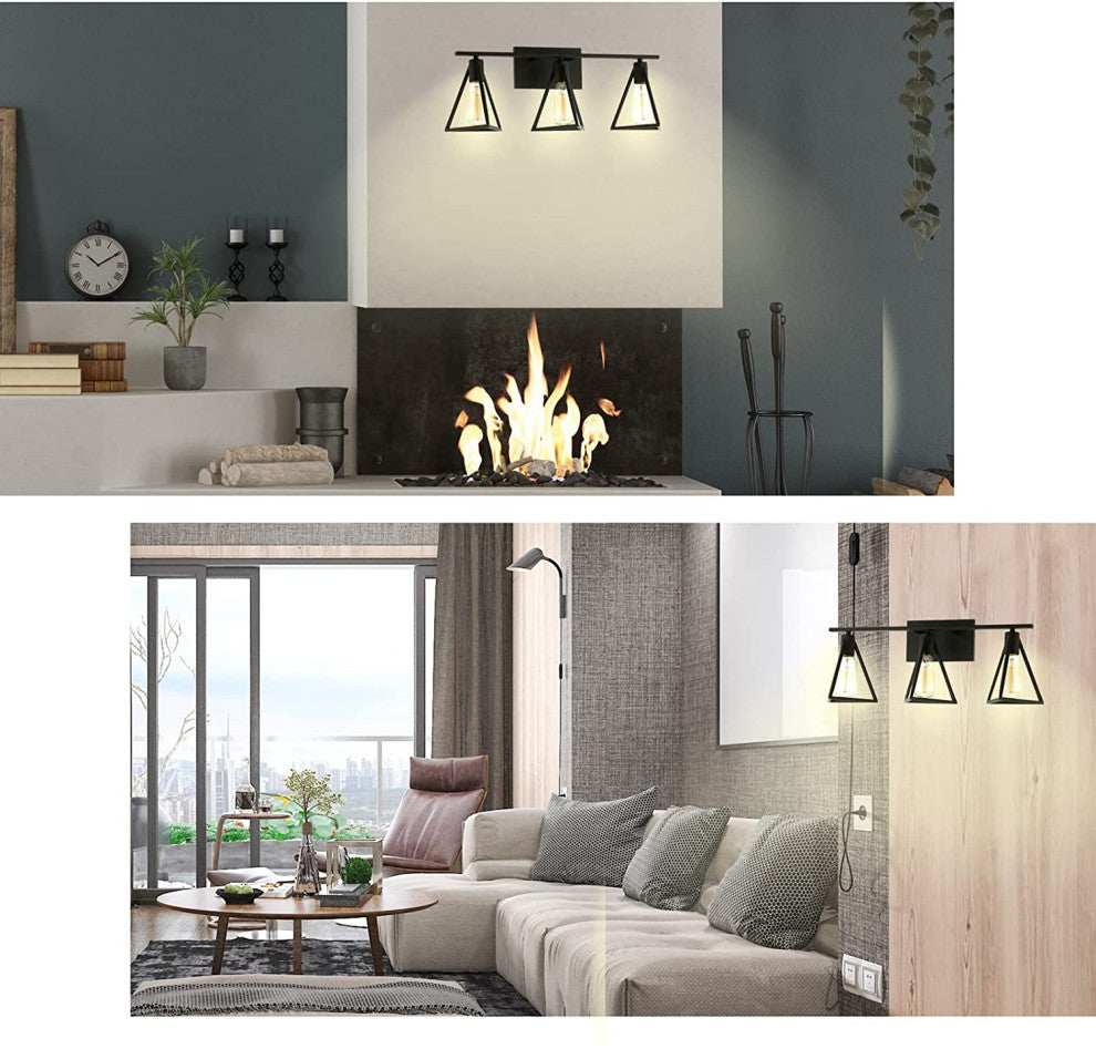 3-Light Bathroom Wall Sconce Lighting Over Mirror Black Triangle Wall Mounted